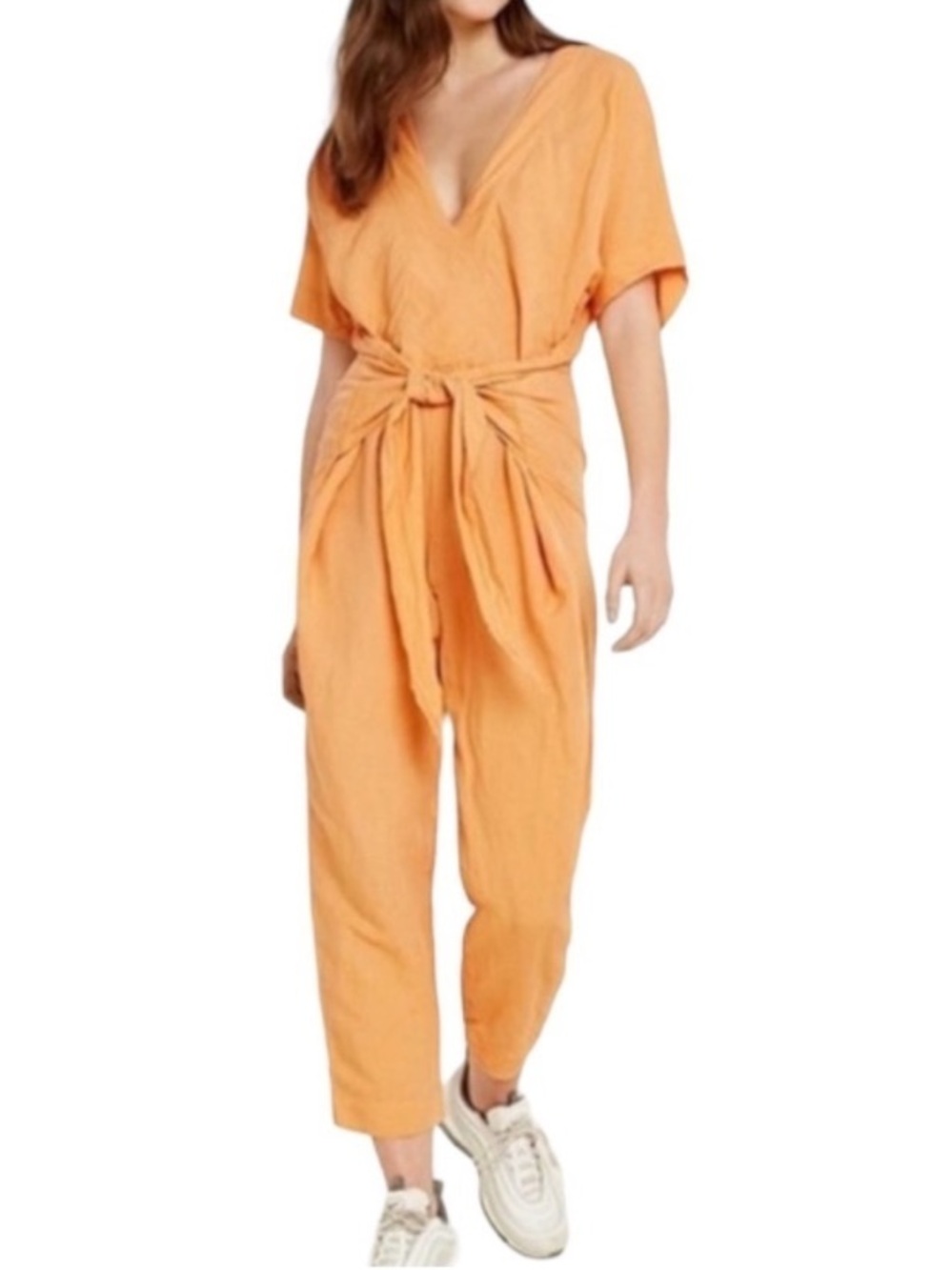 Free People Shining Sun V‑Neck Short Sleeve Tie‑Waist Cropped Jumpsuit